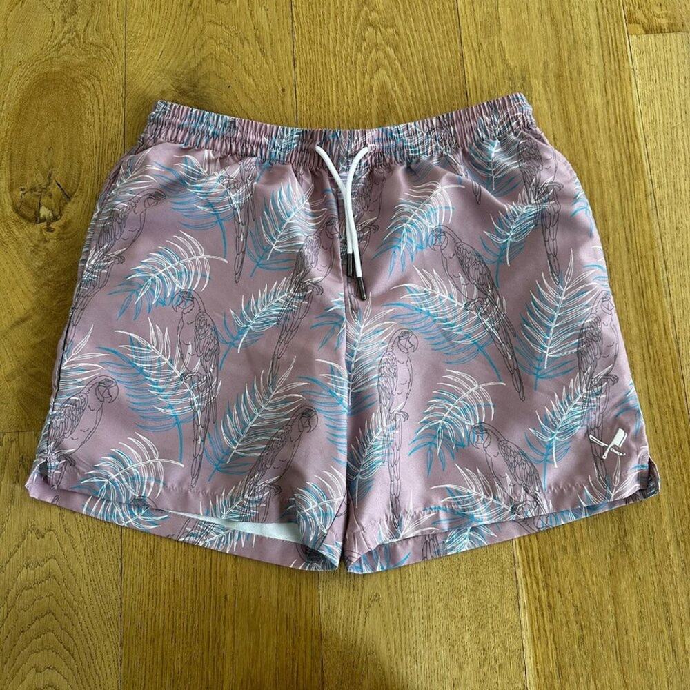Distorted People Parrot Print Swim Board Shorts in Gray & Mauve
